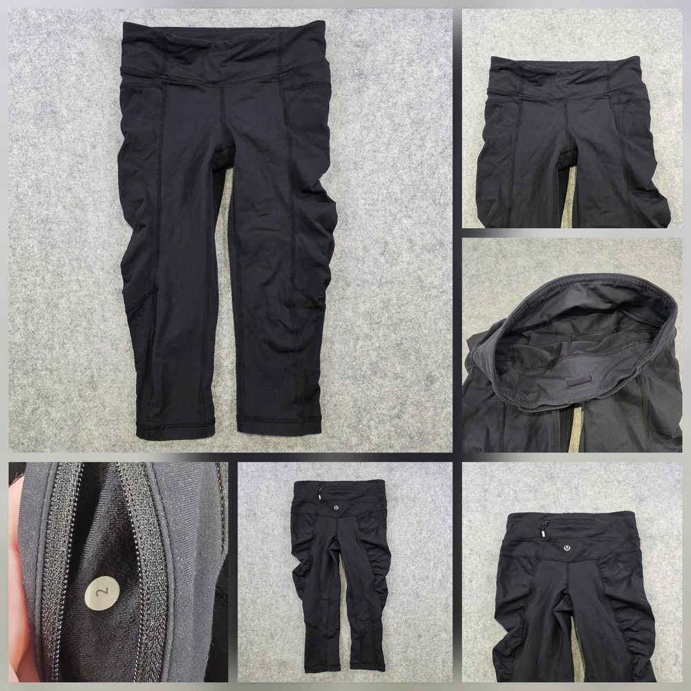 Lululemon Leggings Womens 2 Black Capri Mesh Running Pockets Yoga Gym Workout